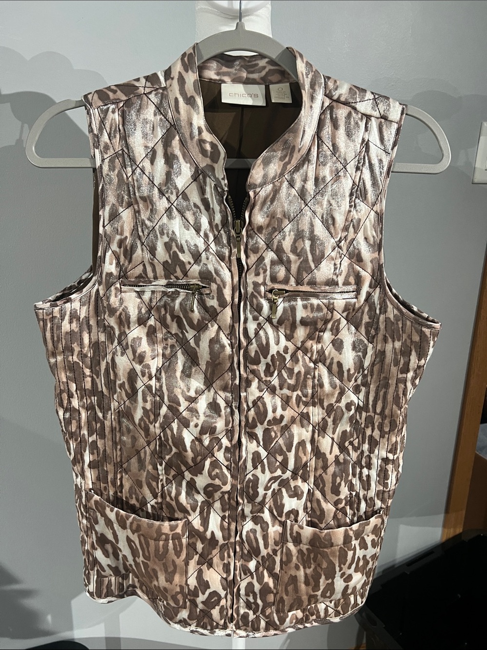 Chico's Quilted Leopard-Print Zip Vest in Brown and Cream